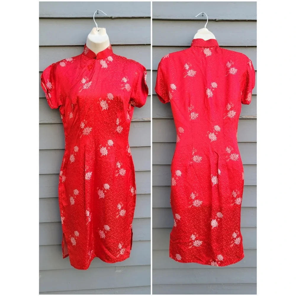 Vintage Silk Brocade Cheongsam Qipao Dress & Jacket Set Red White Small